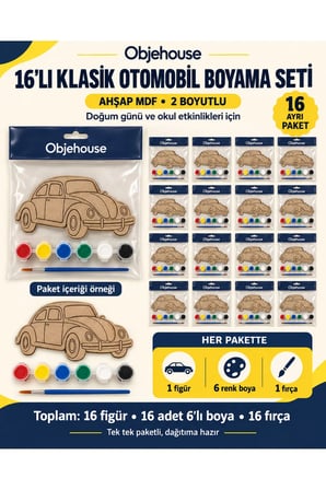 Objehouse Klasik Otomobil Boyama Seti 16'lı, 6 Renk Boya ve Fırça, Etkinlik Paketi