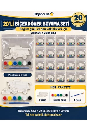 Objehouse Biçerdöver Boyama Seti 20'li, 6 Renk Boya ve Fırça, Etkinlik Paketi