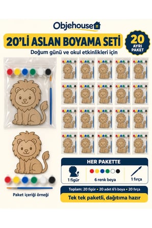 Objehouse Aslan Boyama Seti 20'li, 6 Renk Boya ve Fırça, Etkinlik Paketi