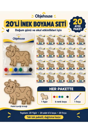 Objehouse İnek Boyama Seti 20'li, 6 Renk Boya ve Fırça, Etkinlik Paketi