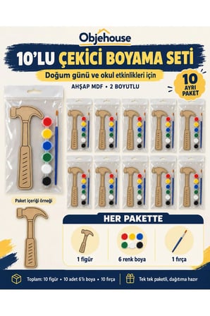 Objehouse Çekiç Boyama Seti 10'lu, 6 Renk Boya ve Fırça, Etkinlik Paketi