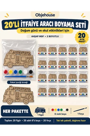 Objehouse İtfaiye Aracı Boyama Seti 20'li, 6 Renk Boya ve Fırça, Etkinlik Paketi