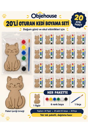 Objehouse Oturan Kedi Boyama Seti 20'li, 6 Renk Boya ve Fırça, Etkinlik Paketi