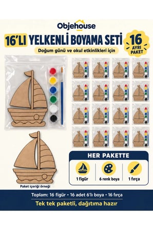 Objehouse Yelkenli Boyama Seti 16'lı, 6 Renk Boya ve Fırça, Etkinlik Paketi