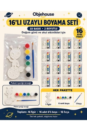 Objehouse Uzaylı Boyama Seti 16'lı, 6 Renk Boya ve Fırça, Etkinlik Paketi