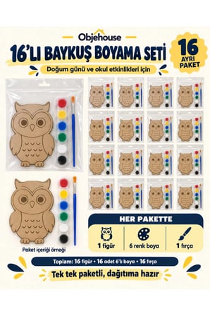 Objehouse Baykuş Boyama Seti 16'lı, 6 Renk Boya ve Fırça, Etkinlik Paketi