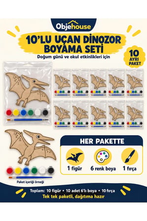 Objehouse Uçan Dinozor Boyama Seti 10'lu, 6 Renk Boya ve Fırça, Etkinlik Paketi