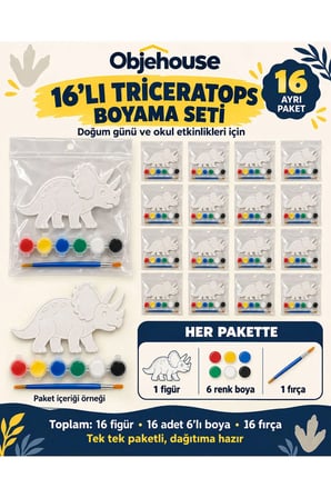 Objehouse Triceratops Boyama Seti 16'lı, 6 Renk Boya ve Fırça, Etkinlik Paketi