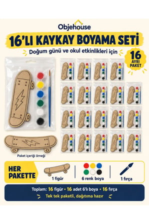 Objehouse Kaykay Boyama Seti 16'lı, 6 Renk Boya ve Fırça, Etkinlik Paketi