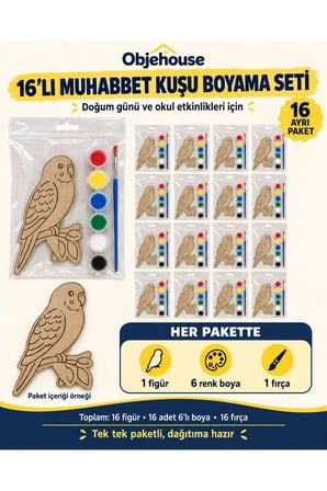 Objehouse Muhabbet Kuşu Boyama Seti 16'lı, 6 Renk Boya ve Fırça, Etkinlik Paketi