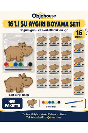 Objehouse Su Aygırı Boyama Seti 16'lı, 6 Renk Boya ve Fırça, Etkinlik Paketi
