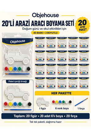 Objehouse Arazi Aracı Boyama Seti 20'li, 6 Renk Boya ve Fırça, Etkinlik Paketi