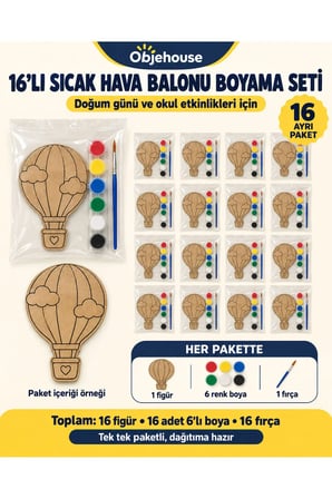 Objehouse Sıcak Hava Balonu Boyama Seti 16'lı, 6 Renk Boya ve Fırça, Etkinlik Paketi