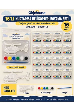 Objehouse Kurtarma Helikopteri Boyama Seti 16'lı, 6 Renk Boya ve Fırça, Etkinlik Paketi