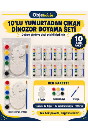 Objehouse Yumurtadan Çıkan Dinozor Boyama Seti 10'lu, 6 Renk Boya ve Fırça, Etkinlik Paketi