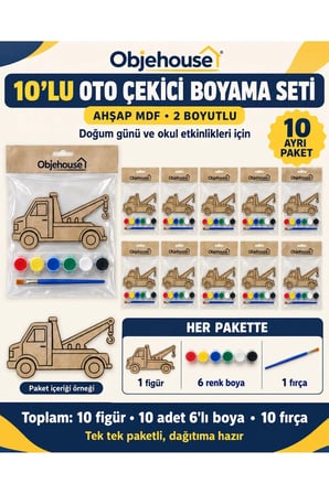 Objehouse Oto Çekici Boyama Seti 10'lu, 6 Renk Boya ve Fırça, Etkinlik Paketi
