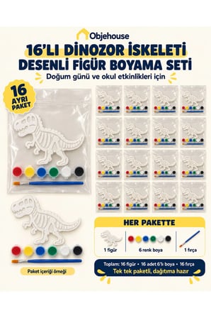 Objehouse Dinozor İskeleti Desenli Figür Boyama Seti 16'lı, 6 Renk Boya ve Fırça, Etkinlik Paketi