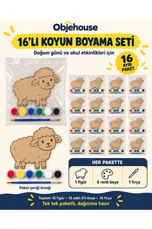 Objehouse Koyun Boyama Seti 16'lı, 6 Renk Boya ve Fırça, Etkinlik Paketi