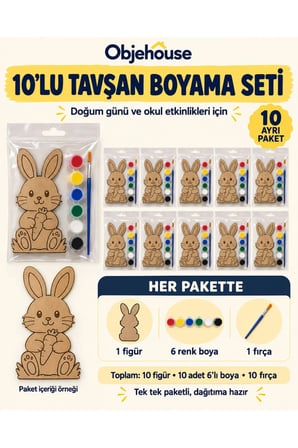 Objehouse Tavşan Boyama Seti 10'lu, 6 Renk Boya ve Fırça, Etkinlik Paketi