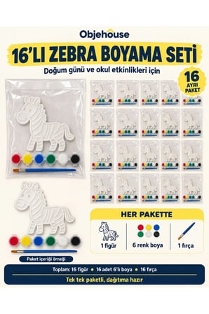 Objehouse Zebra Boyama Seti 16'lı, 6 Renk Boya ve Fırça, Etkinlik Paketi