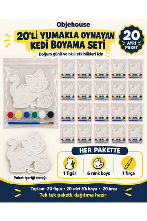 Objehouse Yumakla Oynayan Kedi Boyama Seti 20'li, 6 Renk Boya ve Fırça, Etkinlik Paketi