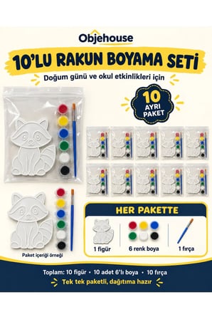 Objehouse Rakun Boyama Seti 10'lu, 6 Renk Boya ve Fırça, Etkinlik Paketi