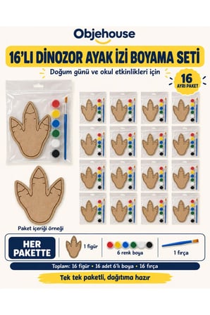 Objehouse Dinozor Ayak İzi Boyama Seti 16'lı, 6 Renk Boya ve Fırça, Etkinlik Paketi