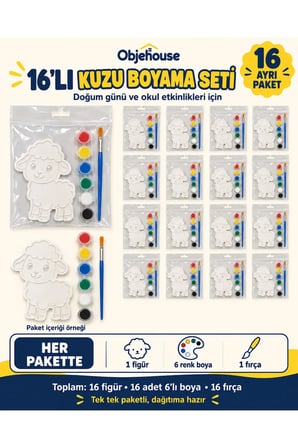 Objehouse Kuzu Boyama Seti 16'lı, 6 Renk Boya ve Fırça, Etkinlik Paketi