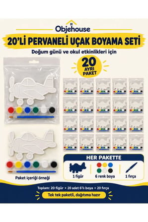 Objehouse Pervaneli Uçak Boyama Seti 20'li, 6 Renk Boya ve Fırça, Etkinlik Paketi