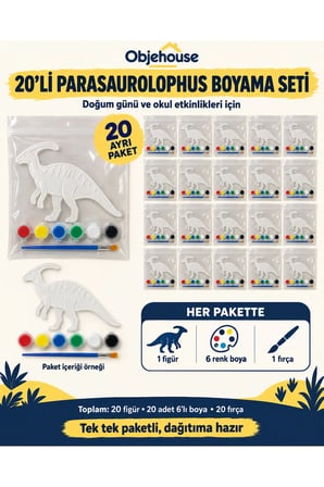 Objehouse Parasaurolophus Boyama Seti 20'li, 6 Renk Boya ve Fırça, Etkinlik Paketi