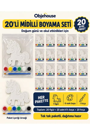 Objehouse Midilli Boyama Seti 20'li, 6 Renk Boya ve Fırça, Etkinlik Paketi