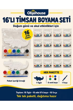 Objehouse Timsah Boyama Seti 16'lı, 6 Renk Boya ve Fırça, Etkinlik Paketi