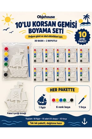 Objehouse Korsan Gemisi Boyama Seti 10'lu, 6 Renk Boya ve Fırça, Etkinlik Paketi