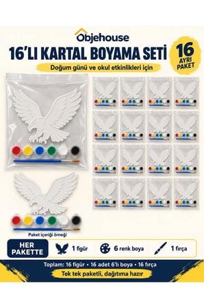 Objehouse Kartal Boyama Seti 16'lı, 6 Renk Boya ve Fırça, Etkinlik Paketi