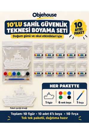 Objehouse Sahil Güvenlik Teknesi Boyama Seti 10'lu, 6 Renk Boya ve Fırça, Etkinlik Paketi