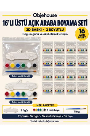 Objehouse Üstü Açık Araba Boyama Seti 16'lı, 6 Renk Boya ve Fırça, Etkinlik Paketi