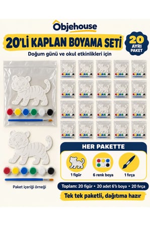 Objehouse Kaplan Boyama Seti 20'li, 6 Renk Boya ve Fırça, Etkinlik Paketi