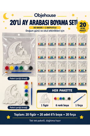 Objehouse Ay Arabası Boyama Seti 20'li, 6 Renk Boya ve Fırça, Etkinlik Paketi