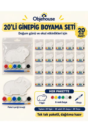 Objehouse Ginepig Boyama Seti 20'li, 6 Renk Boya ve Fırça, Etkinlik Paketi