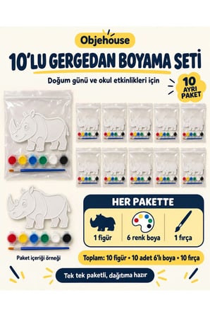 Objehouse Gergedan Boyama Seti 10'lu, 6 Renk Boya ve Fırça, Etkinlik Paketi