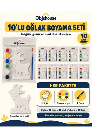 Objehouse Oğlak Boyama Seti 10'lu, 6 Renk Boya ve Fırça, Etkinlik Paketi