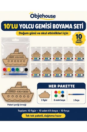 Objehouse Yolcu Gemisi Boyama Seti 10'lu, 6 Renk Boya ve Fırça, Etkinlik Paketi