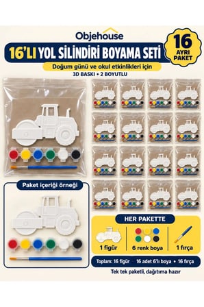 Objehouse Yol Silindiri Boyama Seti 16'lı, 6 Renk Boya ve Fırça, Etkinlik Paketi