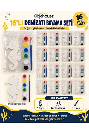 Objehouse Denizatı Boyama Seti 16'lı, 6 Renk Boya ve Fırça, Etkinlik Paketi