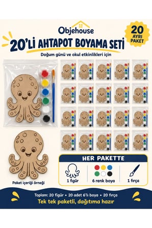 Objehouse Ahtapot Boyama Seti 20'li, 6 Renk Boya ve Fırça, Etkinlik Paketi