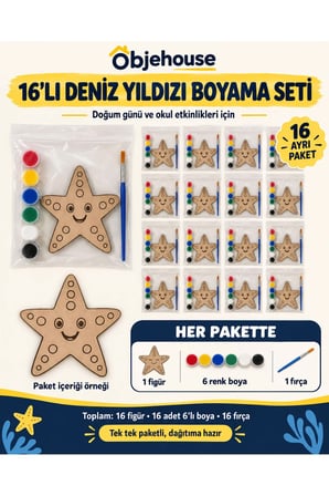 Objehouse Deniz Yıldızı Boyama Seti 16'lı, 6 Renk Boya ve Fırça, Etkinlik Paketi