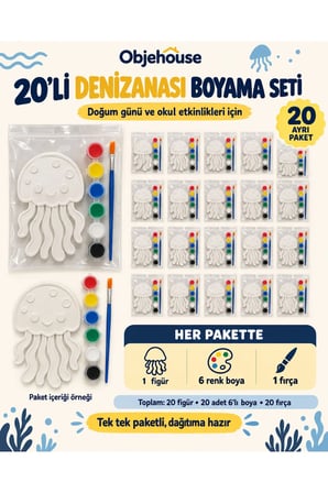 Objehouse Denizanası Boyama Seti 20'li, 6 Renk Boya ve Fırça, Etkinlik Paketi