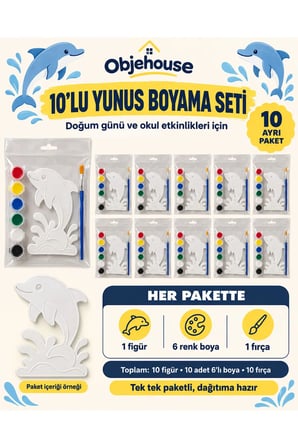 Objehouse Yunus Boyama Seti 10'lu, 6 Renk Boya ve Fırça, Etkinlik Paketi