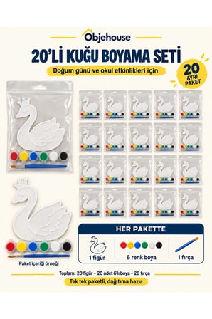 Objehouse Kuğu Boyama Seti 20'li, 6 Renk Boya ve Fırça, Etkinlik Paketi