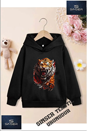 Kız/Erkek Çocuk Beyaz Kapüşonlu ''KAPLAN BOYALI'' Baskılı Sweatshirt